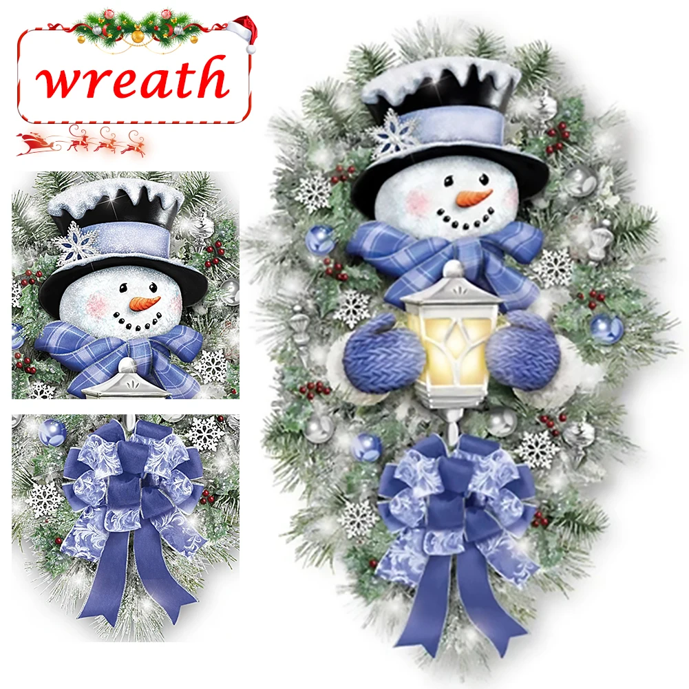 

HOT A Warm Winter Welcome Snowman Wreath Christmas Holiday Wreath with Illuminated Lantern NDS