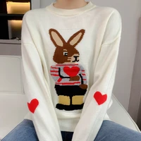 2021 spring new cute sweaters for women jumpers fashion cartoon rabbit jacquard red heart knitted sweater women o neck pullover