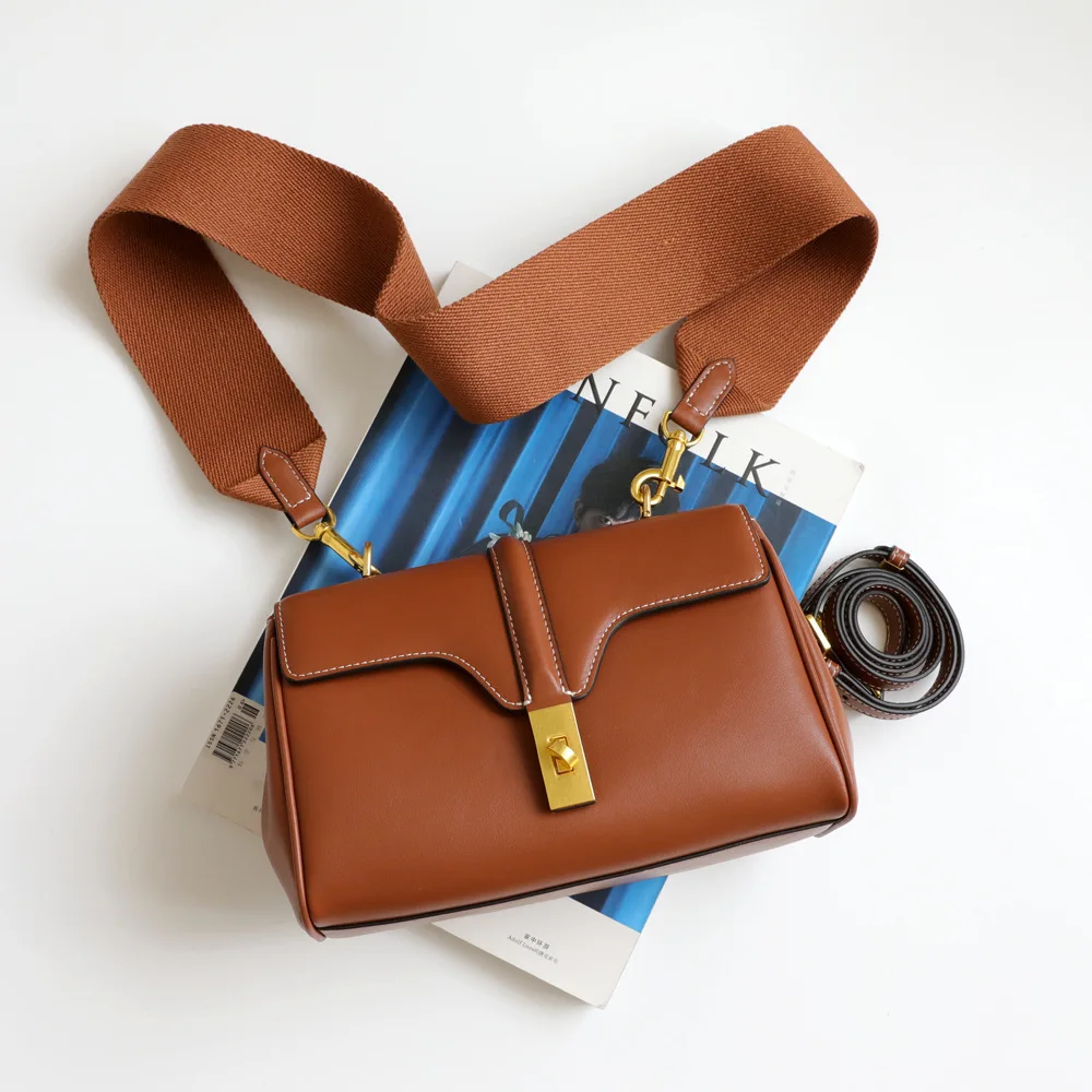Genuine Leather Wide Strap Shoulder Bags for Women High Quality Messenger Bag Luxury Handbags 2021 Woman Clutch Bag Purses Brown