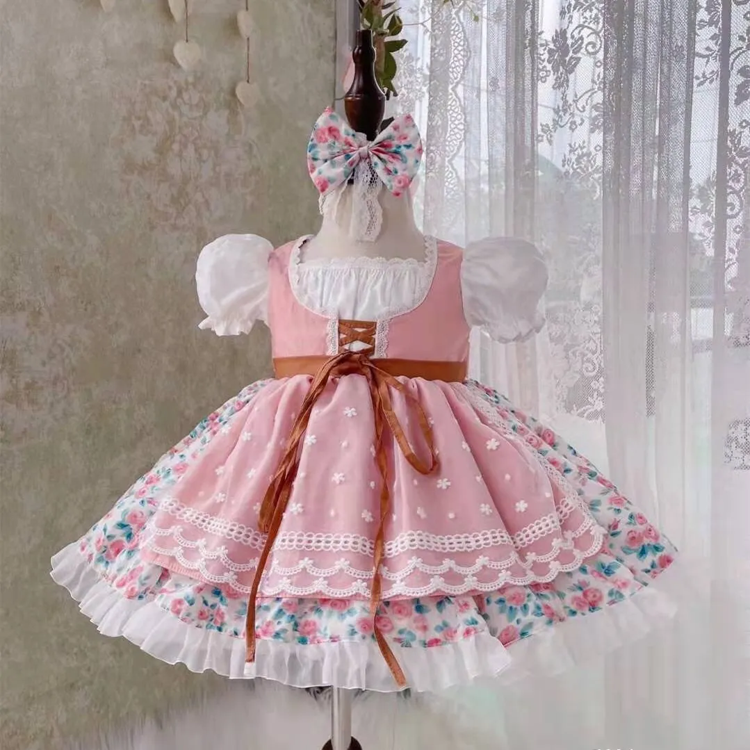 

Baby Girl Summer Pink Rose Floral Vintage Princess Dress for Party Casual