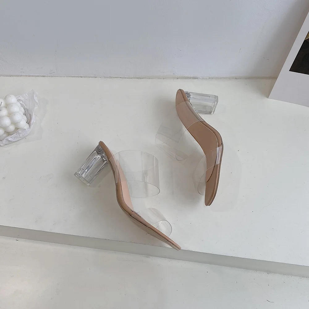 

Slippers Casual Transparent Heel Shoes Slipers Women Low Square heel Slides Jelly Flip Flops Heeled Mules Luxury 2021 Soft Block
