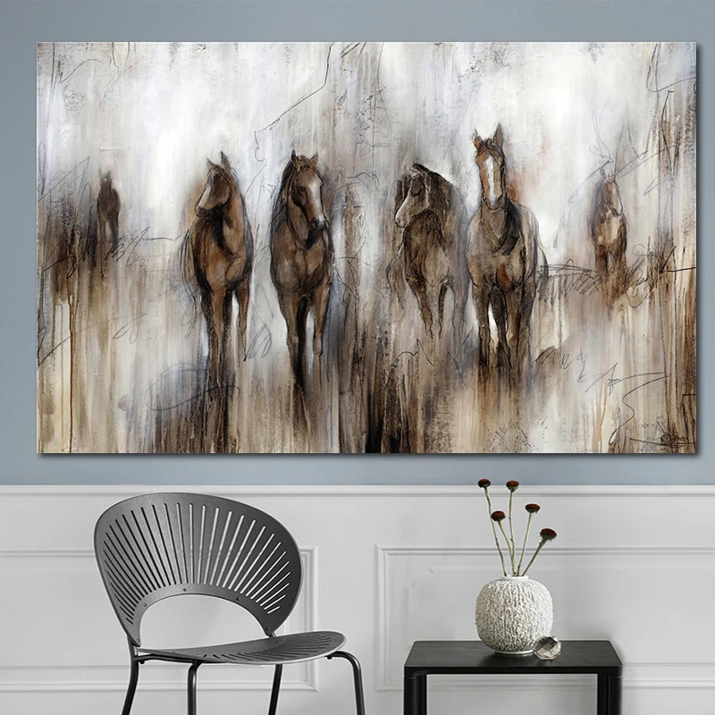 Коричневая искусственная картина маслом на холсте бегущая лошадь животные