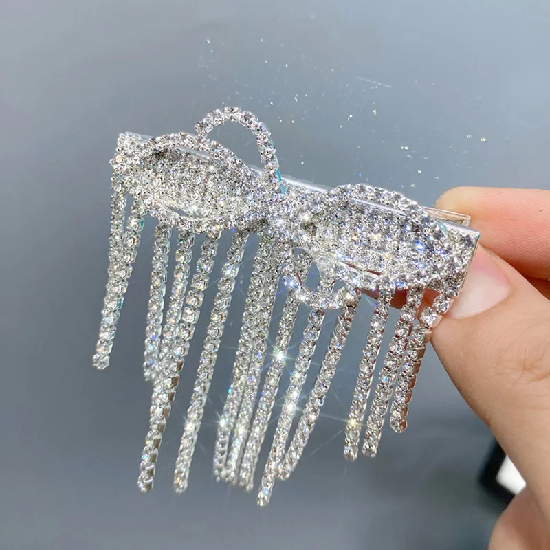

Long Tassel Full Diamond Bow Barrette Diamond Duckbill Clip Headwear Women's Hair Styling Accessories Tools