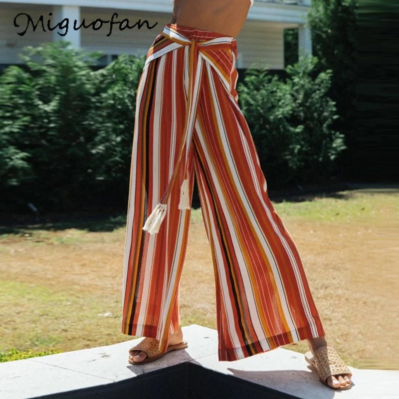 Miguofan boho свободные длинные штаны в полоску с принтом повседневные для женщин