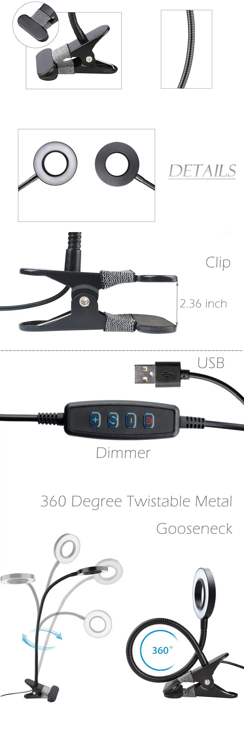 Диммируемый USB светодиодный Настольный светильник с зажимом, светильник для чтения, настольная лампа для ухода за глазами, светодиодный прикроватный светильник для детей старшего возраста, ночник с зажимом