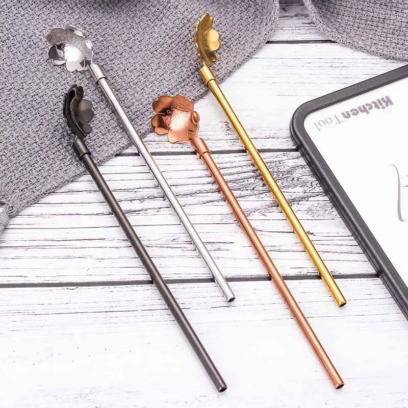 

6-piece set 304 stainless steel straw spoon mixing spoon ice cream sand ice integrated dual-purpose straw spoon