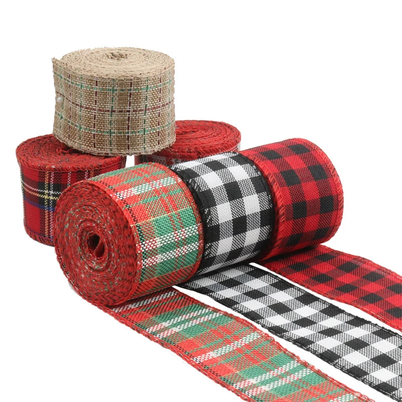 6m Buffalo Ribbon Christmas Plaid Burlap Ribbon Red Black White Wired Edge Ribbon for DIY Wrapping Crafts Decoration FOU