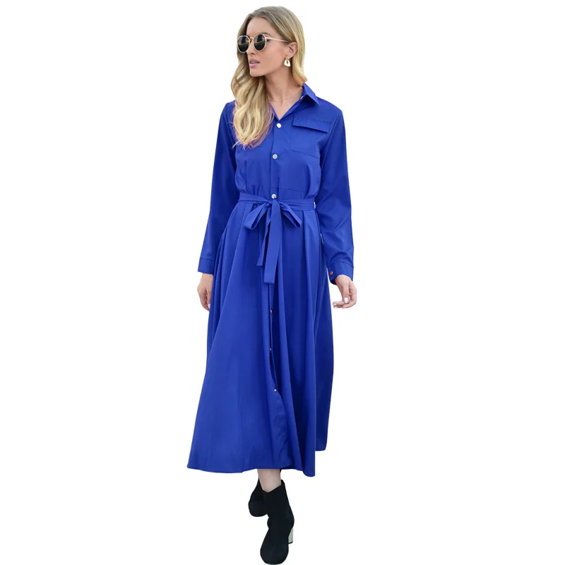 

Summer Solid Color Long Sleeve Dress Women Turn Down Collar Pocket Bandage Elegant Office High Waist Streetwear Ladies Dresses