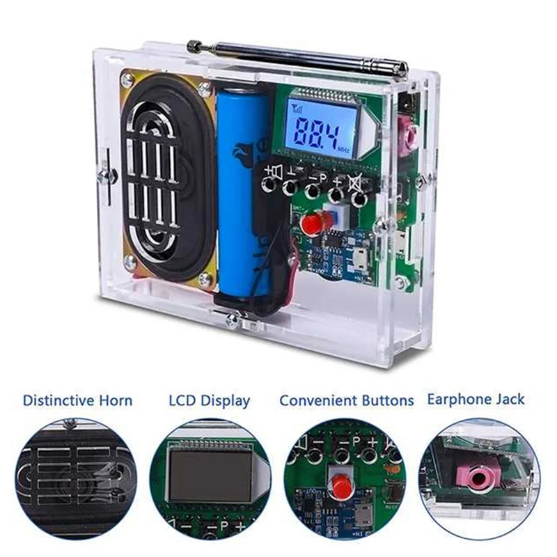 DIY Kit FM Radio Module Adjustable 76-108Mhz Wireless Receiver LCD Display DC 3.7V 5W 8Ohm Speaker Digital | Электроника
