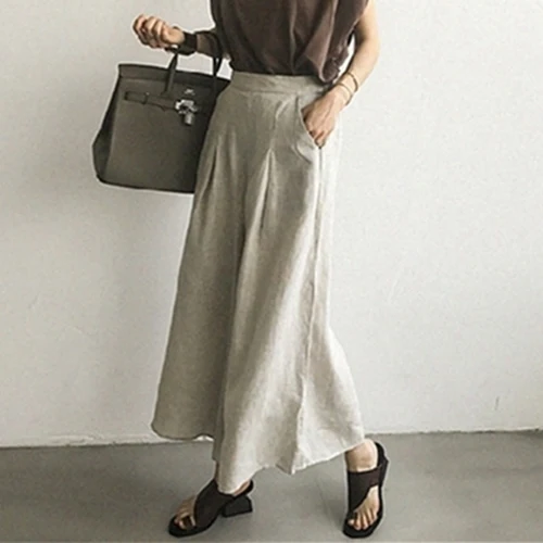 

New 2021 Women Summer Trousers Pantskirt High Elastic Waist Casual Cotton and Linen Wide Leg Ankle-Length Pants