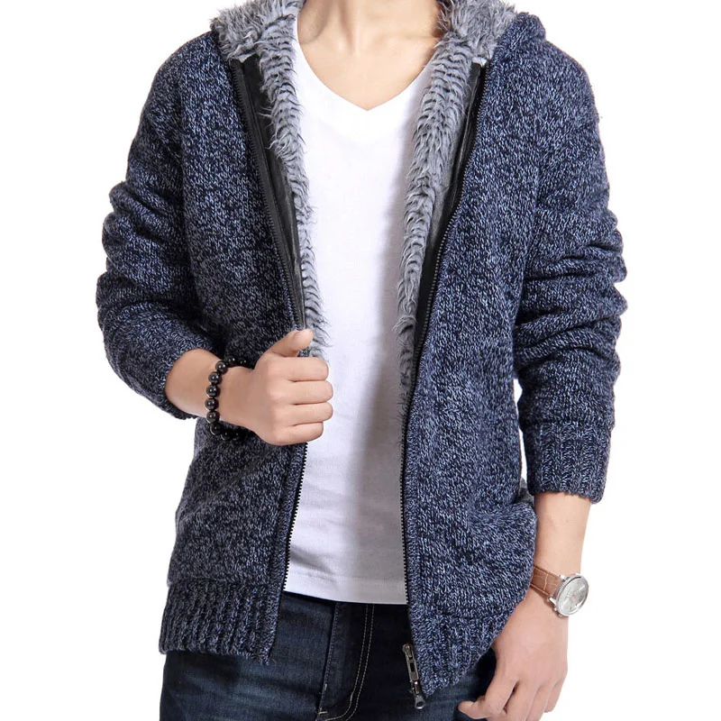 

Man Winter Sweater Casual Mens cardigan British thick Fur Lining Warm Fleece sweaters 0uterwear Brand New Male Hooded Sweaters