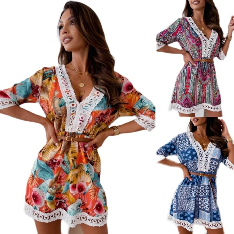 

2021 Women's Casual Lace Midi Dress Boho Sexy Half Sleeve Beach Summer Bohemian Dresses Kimono Robe Ladies V Neck Tassel Mini