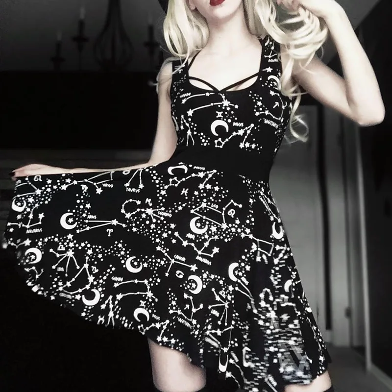 

Gothic Women Dress 2021 New Summer Girl Sexy Sleeveless Black Moon Star Print Harajuku Elegant Evening Party Dress Lolita Dress