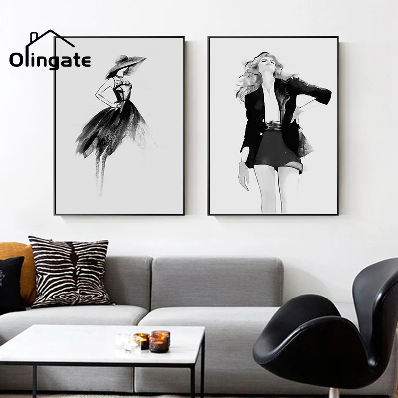 

Modern Portrait Canvas Poster Abstract Black White Fashion Girl Wall Art One Piece Wall Painting Home Decor for Living Room