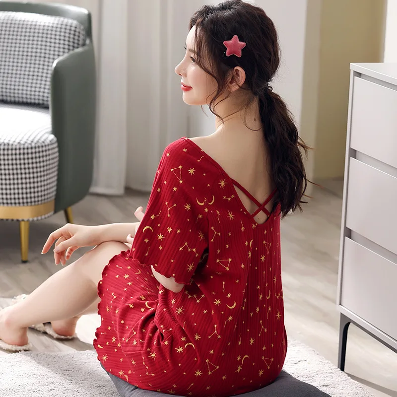 

Red Sexy Nightdress Cotton Open Back Short Sleeve Dress Pajamas Housewear Women's Thin Style Summer Chic Soft Sleepwear Homewear