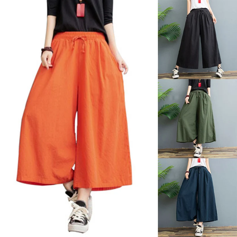 Женские льняные хлопковые повседневные брюки большого размера с поясом на талии