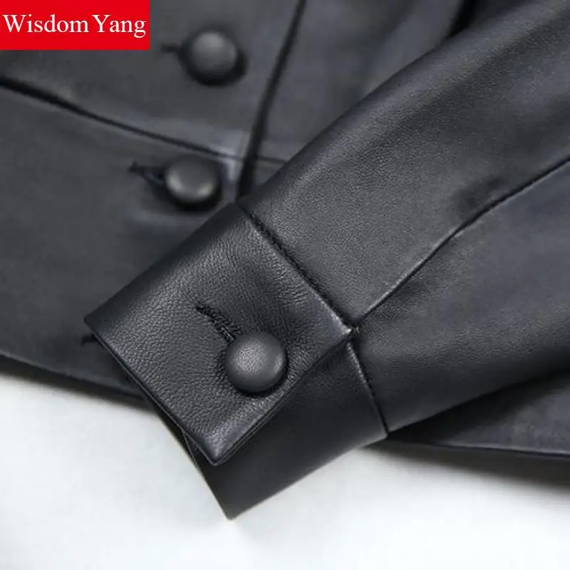 Winter Sheepskin Genuine Leather Tops Women Coat Motorcycle Vintage Jackets Ladies Black Coats Female Korean Overcoat Outerwear
