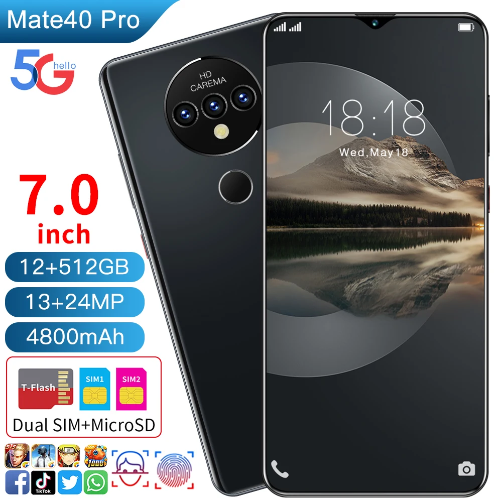 

Mate40 Pro 7.0 Inch Smartphone 13MP + 24MP 4800mAh Android 10.0 Phone 10 Core Face Fingerprint Recognition Unlock Mobile Phone