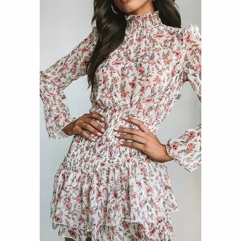 

Women Cottagecore Dress Woman Summer Slim Body Clothes Floral Print Pastoral New French Puff Long Sleeve Stretch Dresses Female