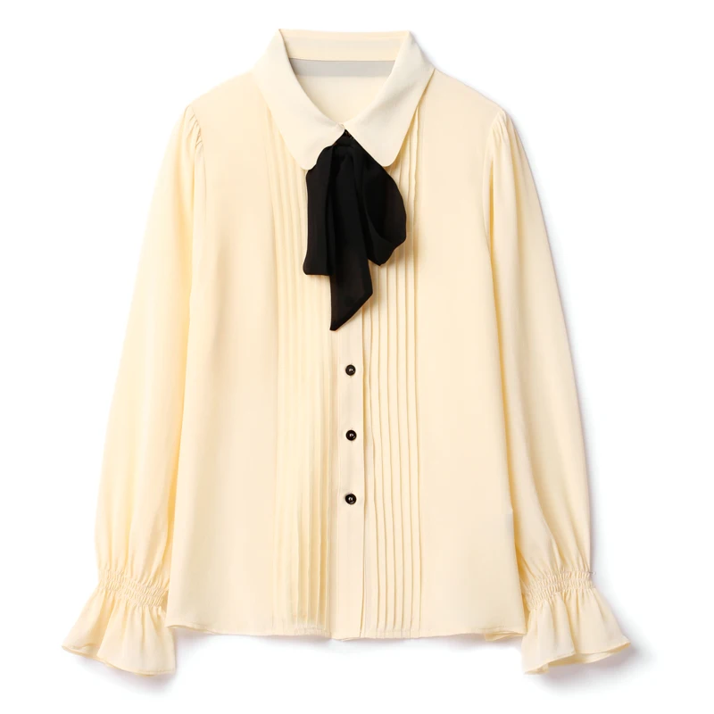

100% Natural Silk Women's Shirt Peter Pan Collar Long Sleeves Bow Detailing Pleated Fashion Blouse Tops