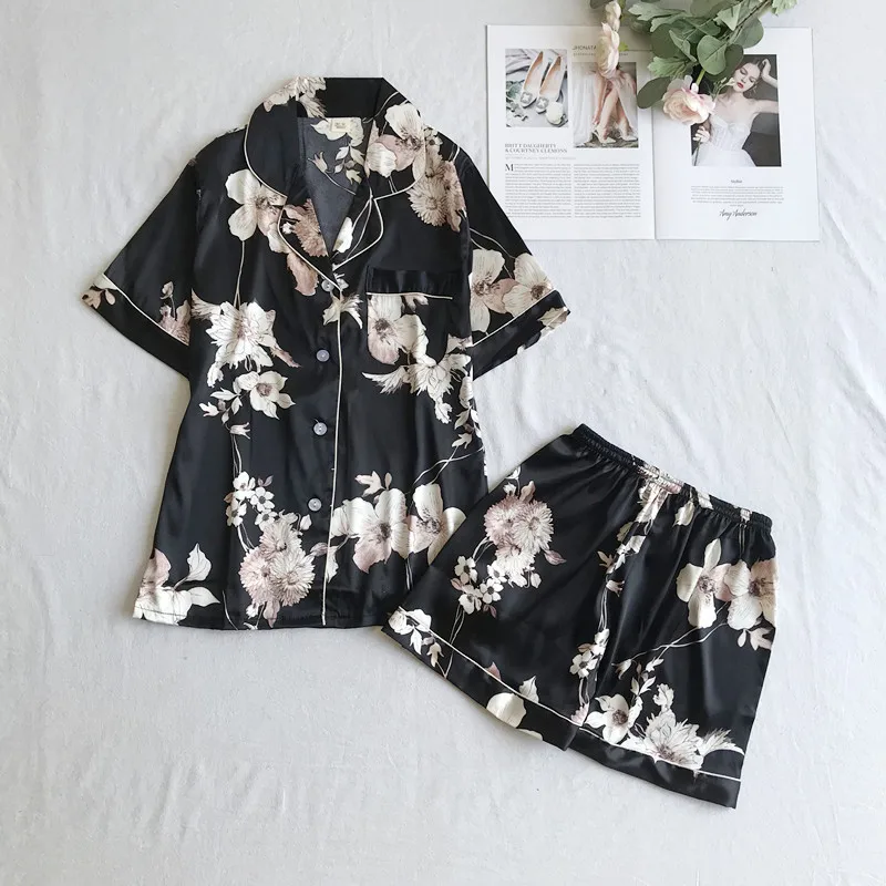 

Sleep Suit Women Pajamas Set 2PCS Short Sleeve Shirt&Shorts Satin Lounge Nightwear Print Flower Pyjamas Casual Loose Kimono Gown