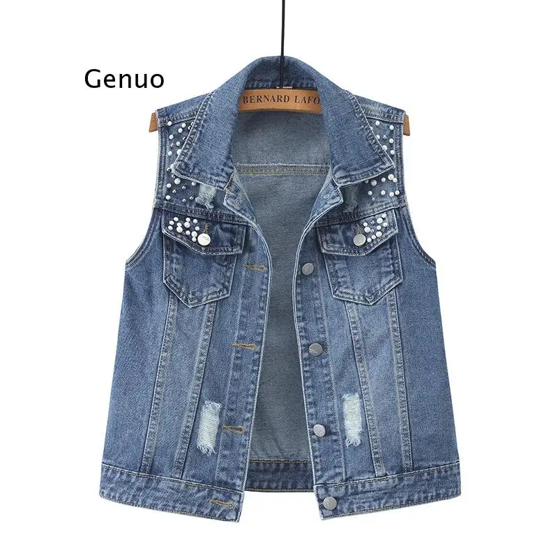

5XL Plus Size Sleeveless Women's Vest 2021 Summer Denim Waistcoat Fashion Casual Short Jeans Jacket Beaded Holes Slim Jeans Coat