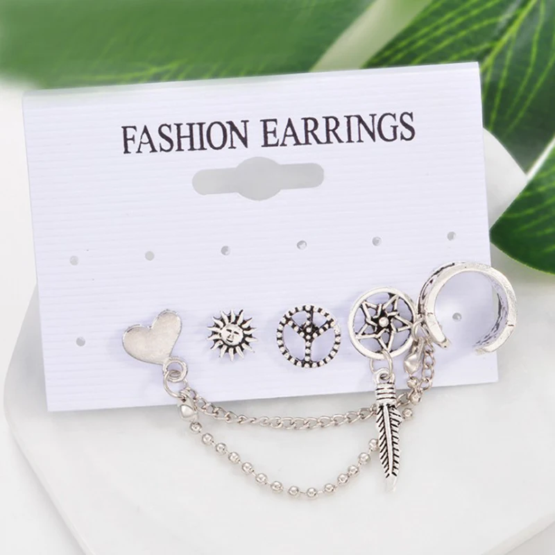 4Pc/Set Chain Eardrop Earring Sun Leaf Heart Shape Earrings Fashion Ear Ring Bohemia Retro Lady | Украшения и аксессуары