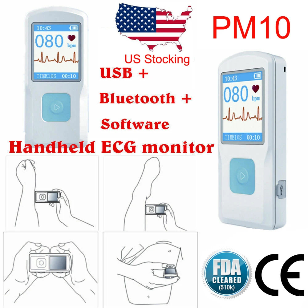 PM10 Handheld Bluetooth ECG Machine USB Rechargable EKG Monitor Portable LCD Heart Rate Meter ECG Detector Mobile App