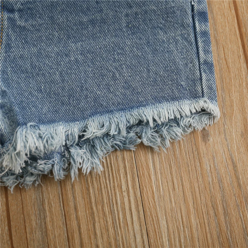 

Girls summer Short-sleeved and Shorts Set 2Pcs Fashion Leopard Round Neck T-shirt and Tassel Denim Short Pants