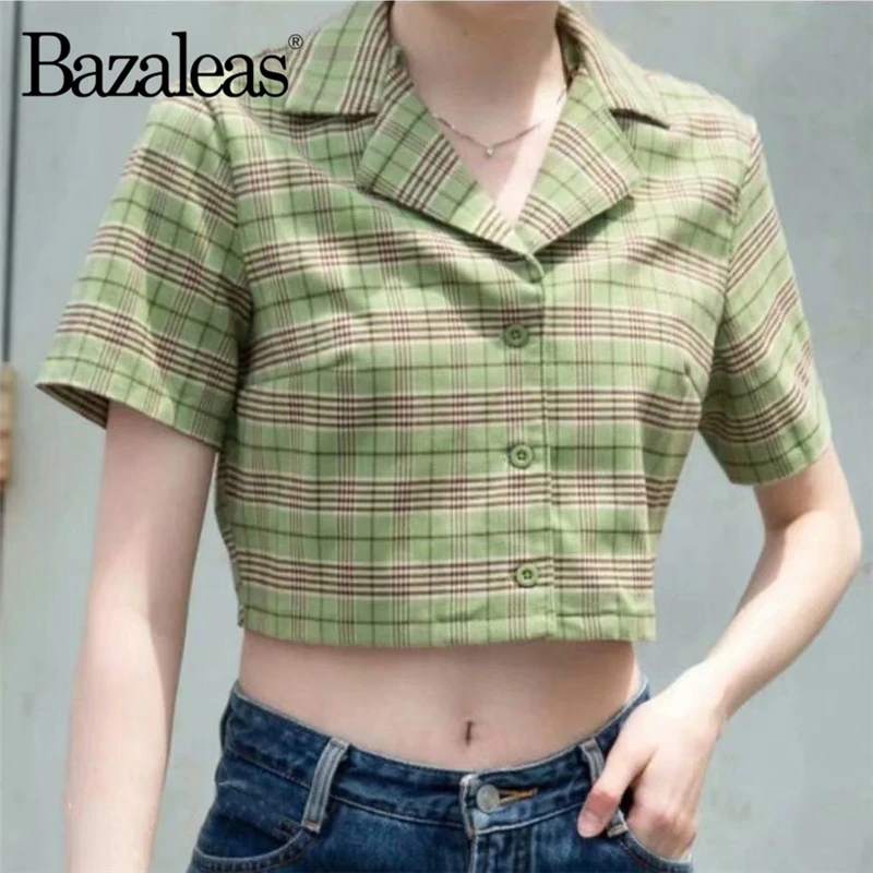 Женская винтажная блузка с принтом в клетку зеленая на пуговицах стиле ретро