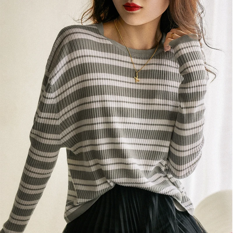 

Pull Femme 2021 Autumn Winter Striped Cashmere Knitted Sweaters Women Korean Fashion Casual Pullover Long Sleeve Tops Jumpers
