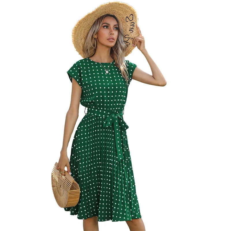 

2021 Summer Beach Woman Dress Fashion Print Polka Dot Casual Pleated Midi Dresses For Women Vacation Elegant Ladies Sundress