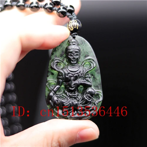 Натуральный черный зеленый нефрит китайская лента Гуаньинь кулон ожерелье