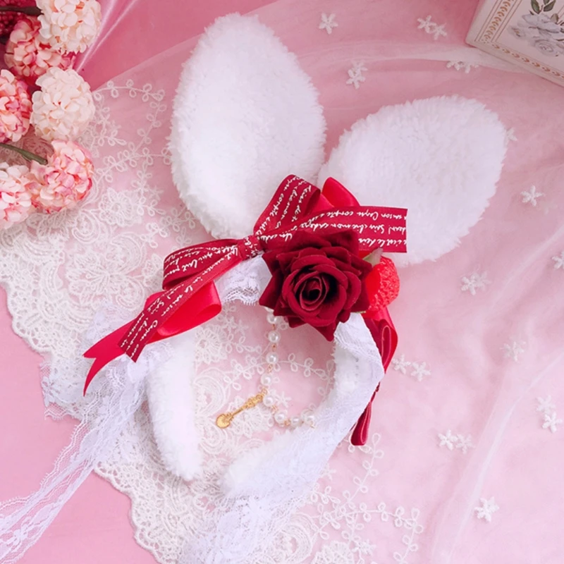 

Sweet Lolita Bunny Ears Headband Ribbon Bow Pearl Rose Flower Cosplay Hair Hoop