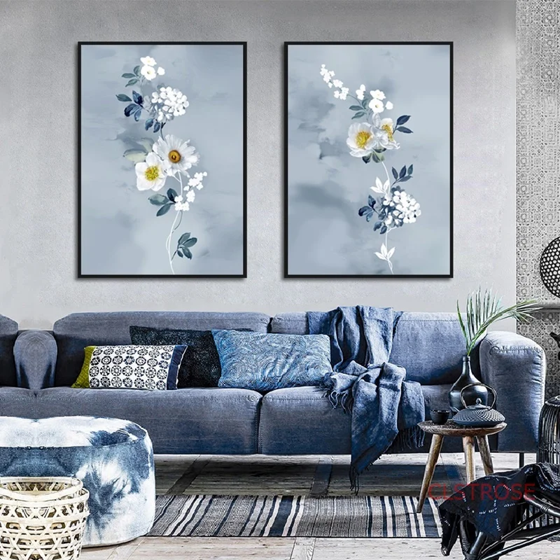 Декор в скандинавском стиле домашнее искусство свежие синие и белые цветы