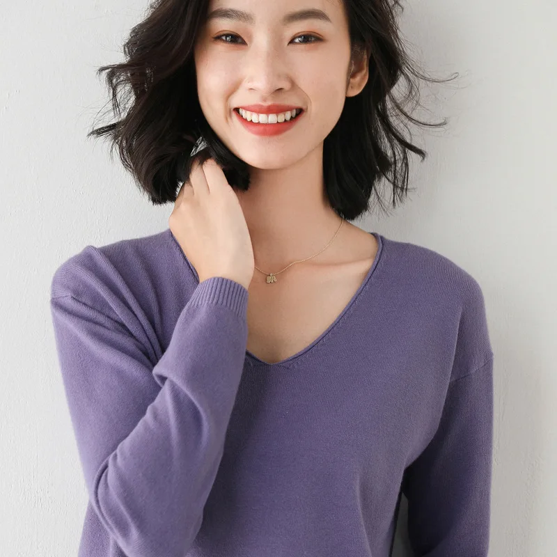 

2020 New Chic Women V-neck Sweater Autumn Winter Pullovers Long Sleeve Basic Women Sweater Knitted Jumper Top
