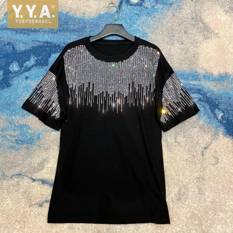 

Женская футболка с круглым вырезом, черная или белая Свободная Повседневная Блестящая футболка с коротким рукавом, украшенная стразами, в г...