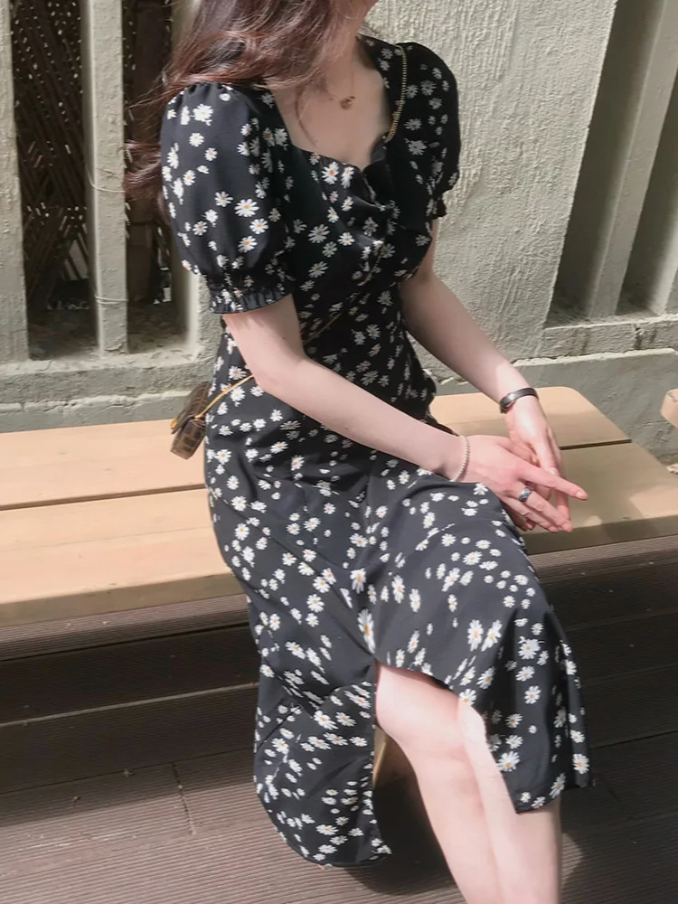 

Summer Floral Midi Dress Women Puff Sleeve Square Collar Split Flower Autumn Sexy Vintage Party Evening Night Dresses Woman