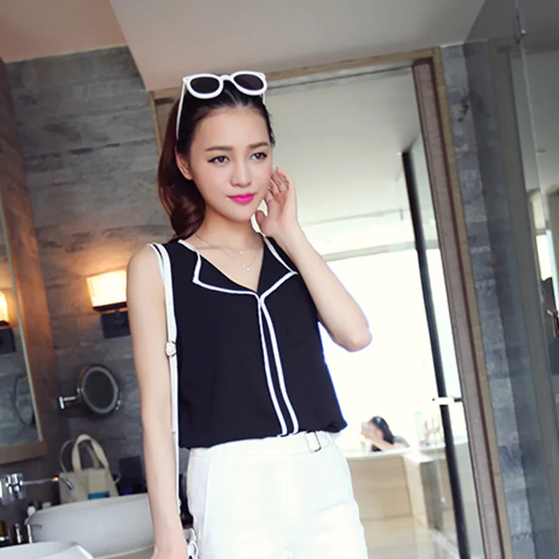 Модная женская футболка v-образный вырез шифоновый топ без рукавов элегантные