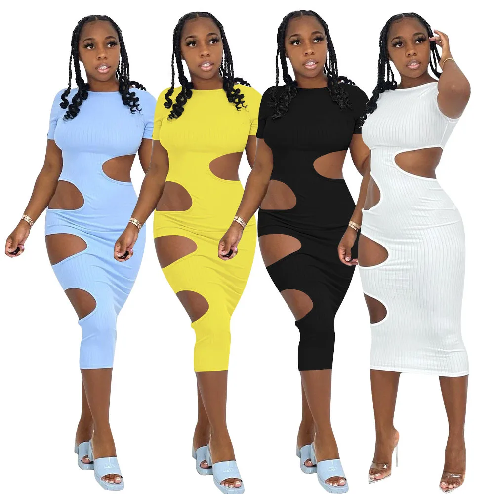 

2021 Casual Women Long Dress Hollow Out O-neck Skinny Irregular Solid Color Streetwear Party Night Vestidos Female Fashion Robes