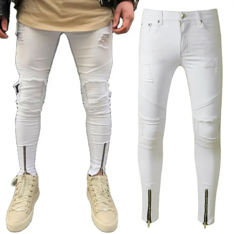 

Mens Skinny Jeans White Slim Fit Ripped Long Pants Distressed Zippered Trouser Hole Fashion mens Clothes