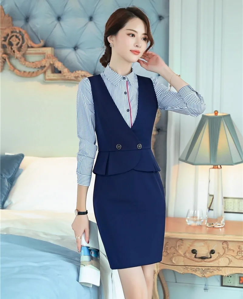 

Женский деловой костюм с блузкой и платьем, элегантный офисный костюм из блейзера, весна-лето 2019