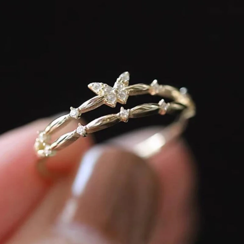 

Cute Gold Butterfly Zircon Ring for Women Bohemia Double Layer Stacking Insect Thin Ring Girls Exquisite Birthday Jewelry Gift