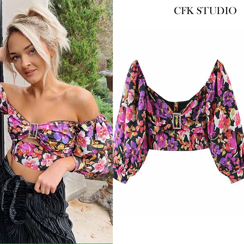 Женская блузка с вырезом лодочкой и цветочным принтом на молнии со стразами