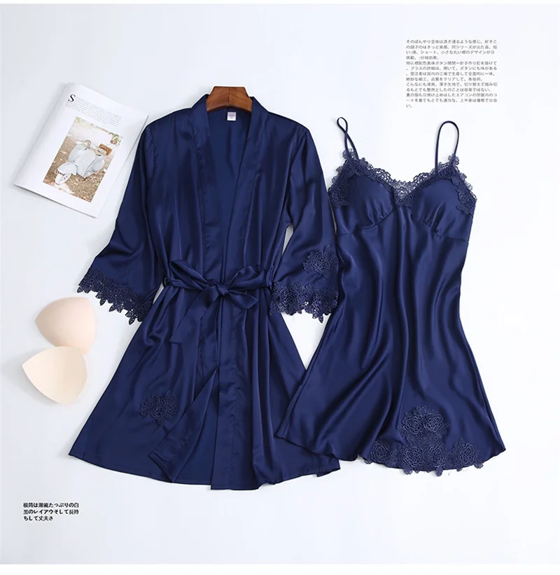 

Women Pajamas Sets Satin Sleepwear Silk 2 Pieces Nightwear Pyjama Spaghetti Strap Lace Sleep Lounge Pijama with Chest Pads
