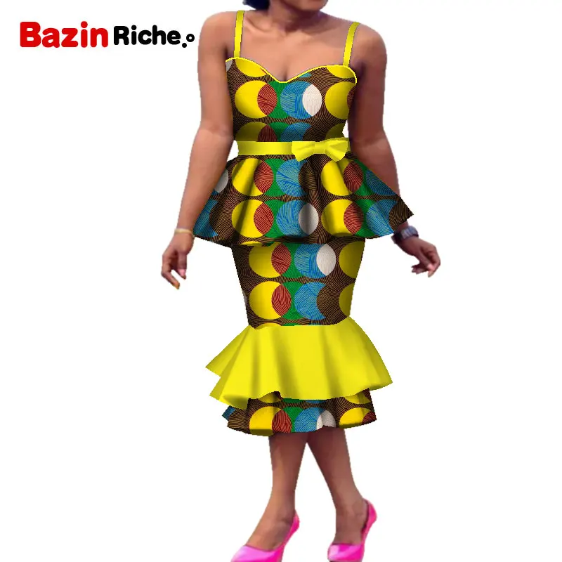 

African Skirts Set Summer Women Fashion 2 Piece Suit Shoulder Bandage Pleated T Shirt &Skirt Suits Fashion Party Print WY7599