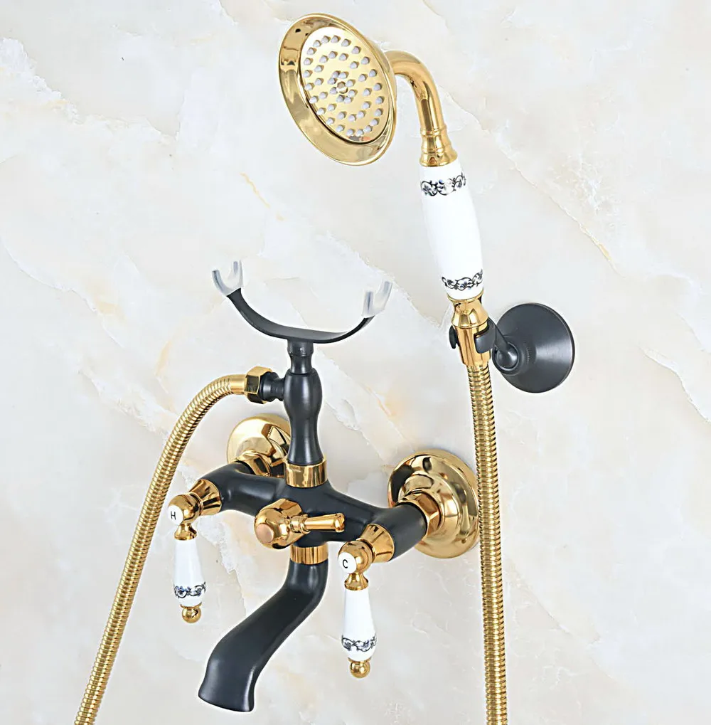 Черный золотой ванная комната кран настенный смеситель W/Телефон Стиль ручной