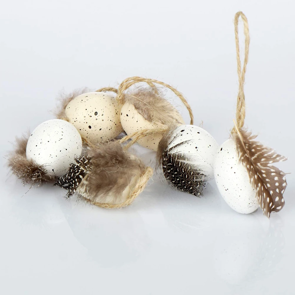 

6PCS Easter Decoration Hanging Eggs Ornaments Plastic Eggs With Feather Artificial Flower For DIY Crafts Home Easter Decorations