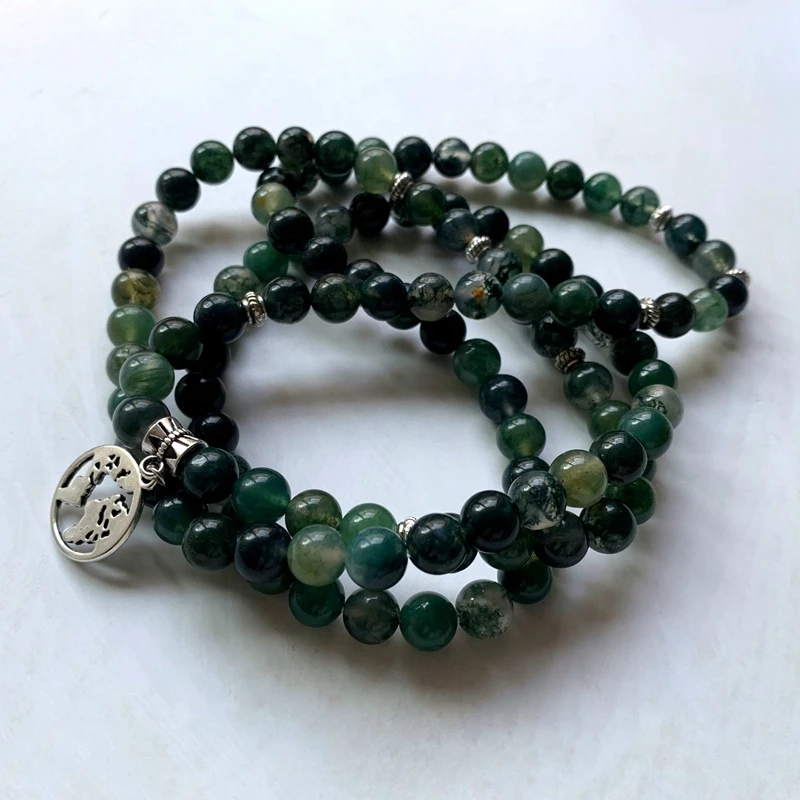 

Natural Moss Agate Stone Round Crystal Beads Necklace Spiritual Healing Buddha Prayer Protection 108 Mala Bracelet