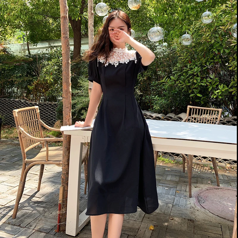 

Summer new Hepburn wind restoring ancient ways lace patchwork dress to receive A word skirt long temperament show thin waist